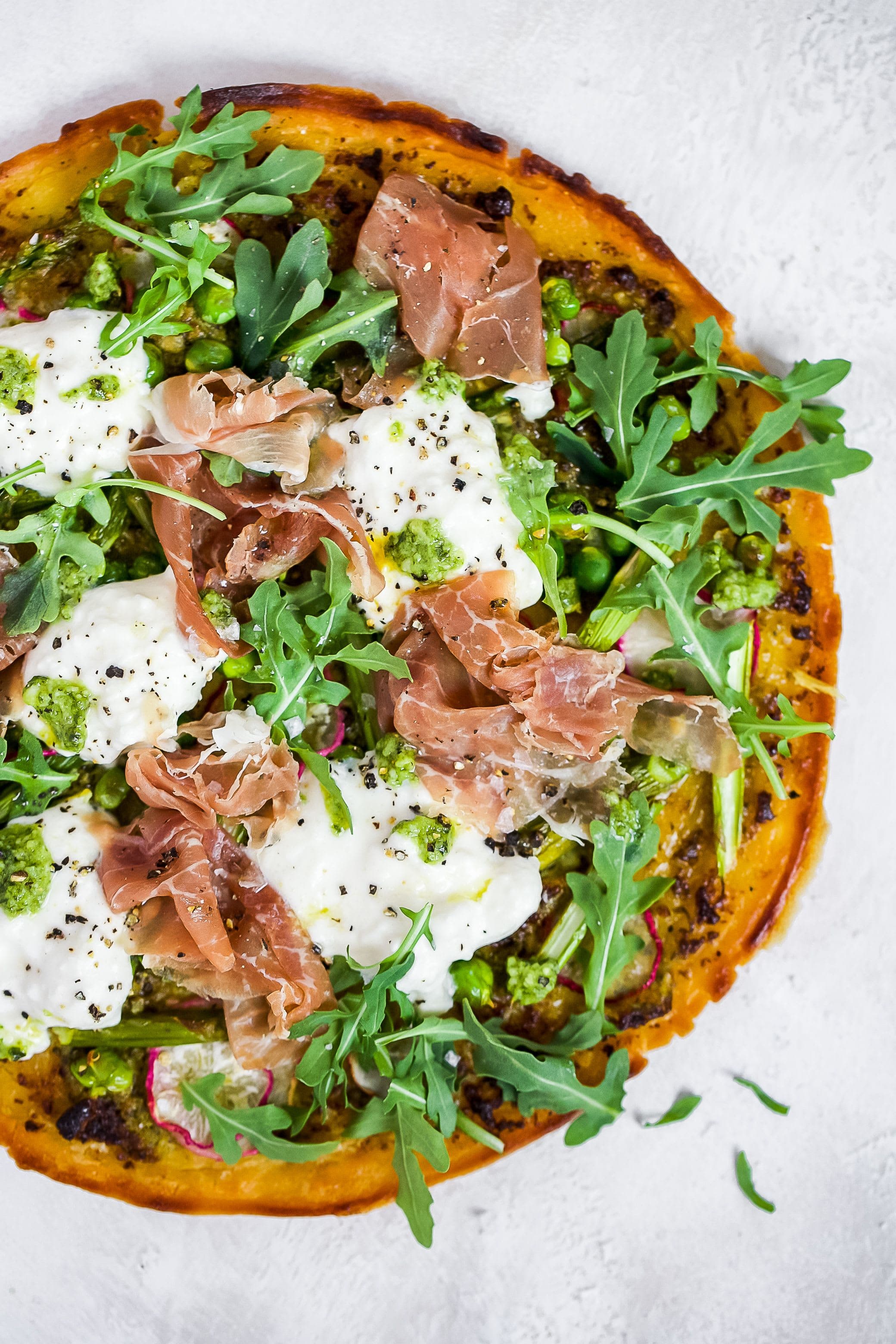 Socca Pizza with Pesto & Prosciutto