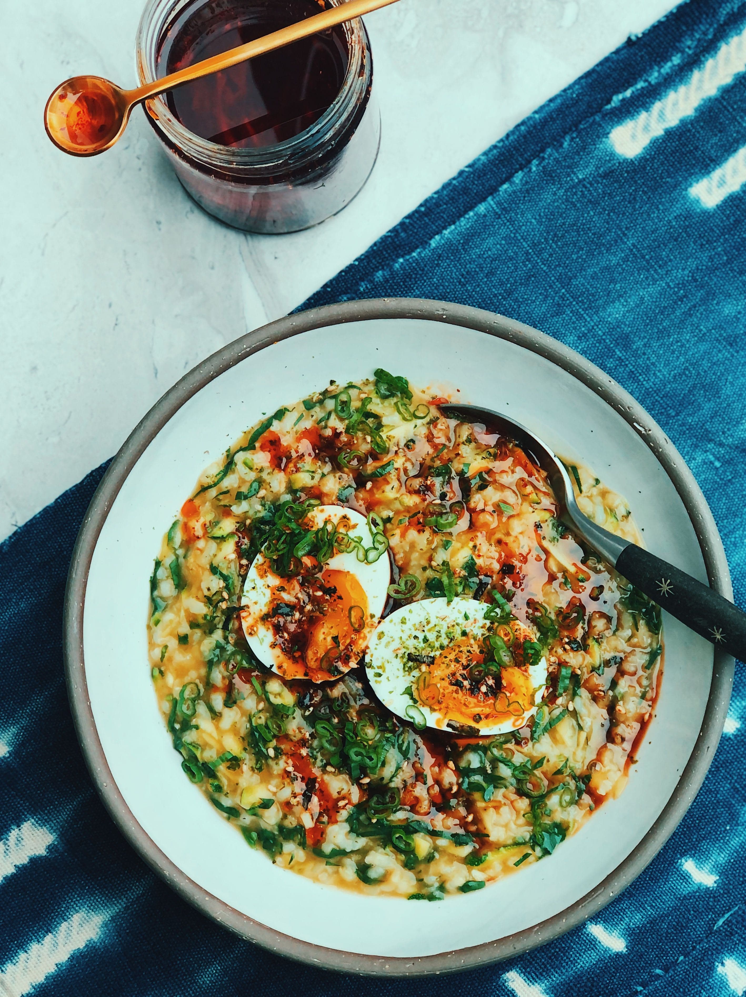 Green Congee with Garlic Chili Oil