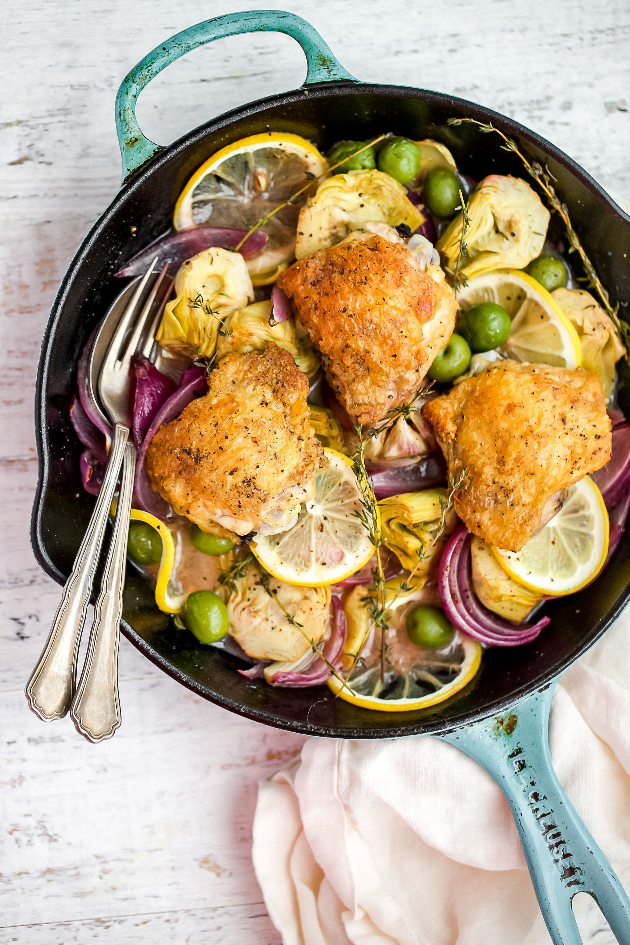 One Pan Crispy Chicken & Artichokes