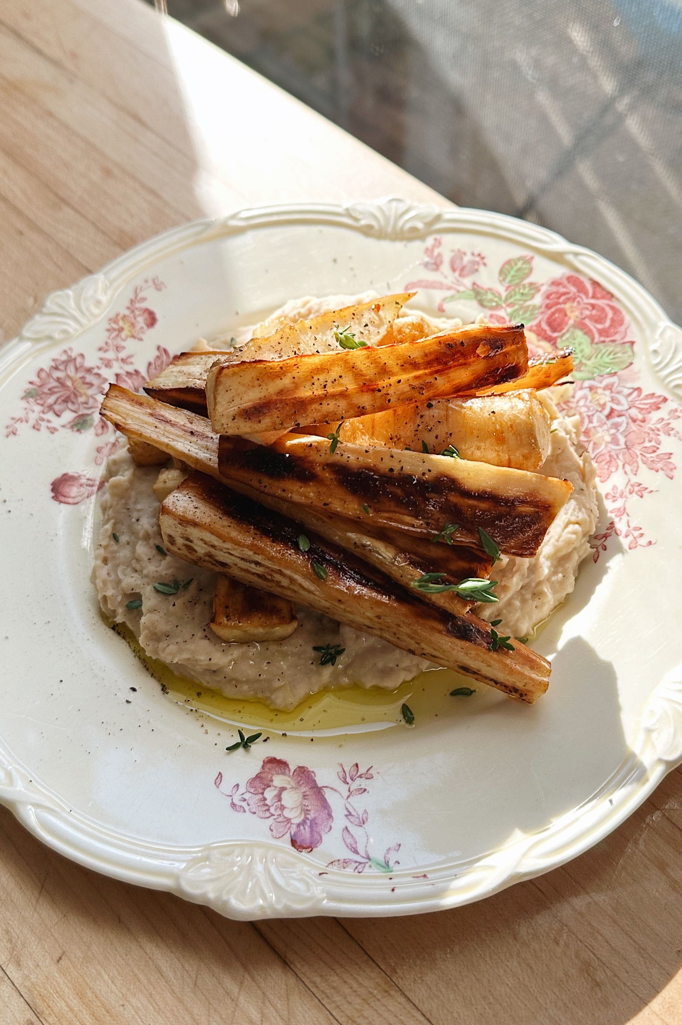 Maple Miso Parsnips with Garlic White Bean Mash