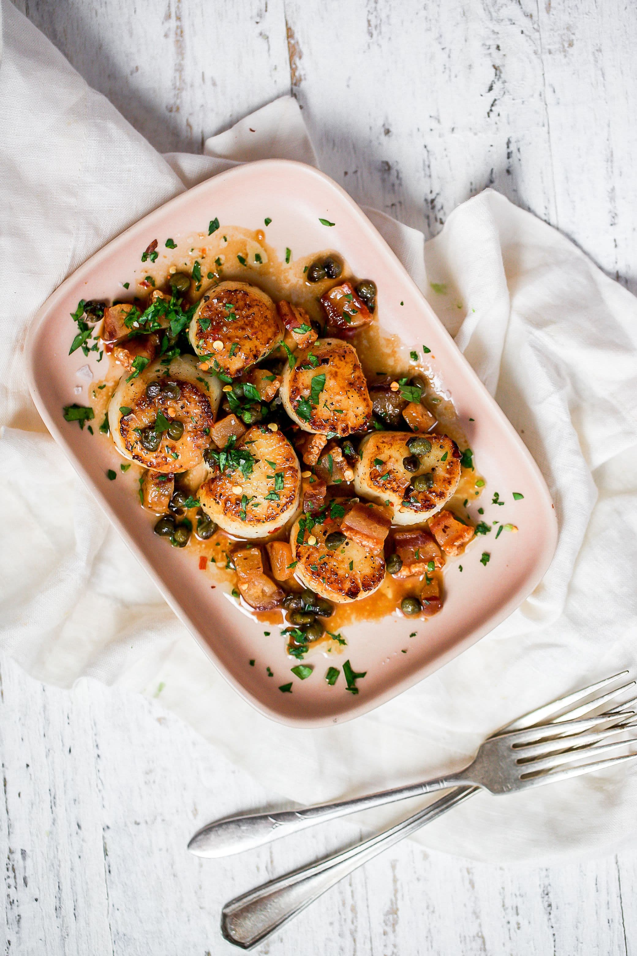 Seared Scallops with Pancetta, Capers & Brown Butter Sauce