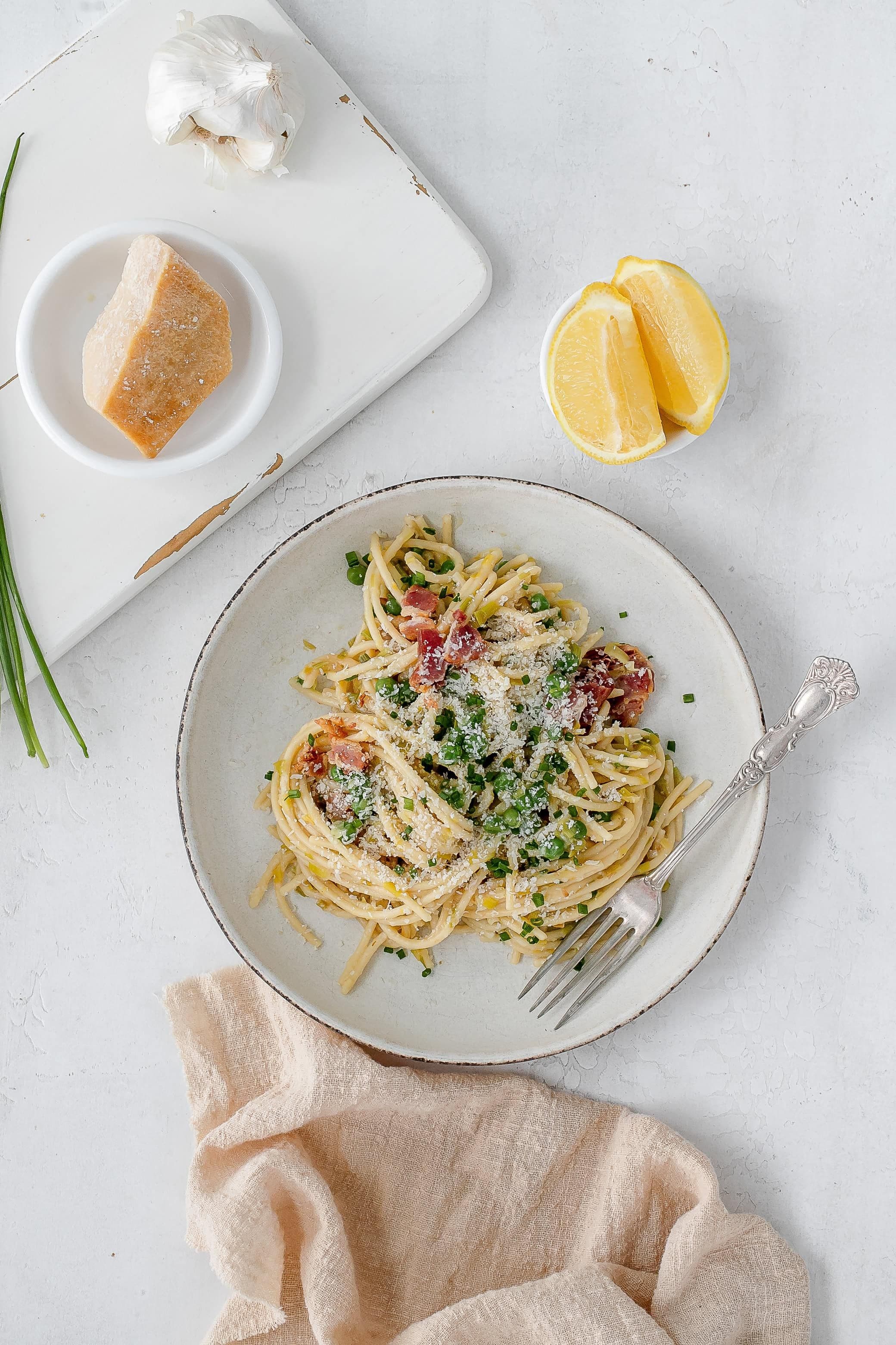 One Pot Pasta with Leek, Bacon & Peas