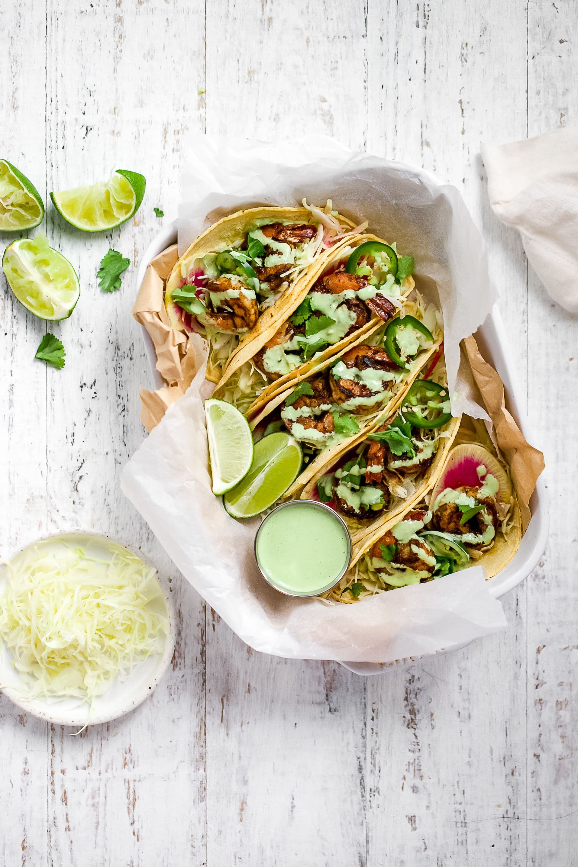 Chili Garlic Shrimp Tacos with Herby Green Dressing